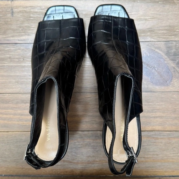 Via Spiga SZ 8 Terese Black Leather 4” Heels Crocodile Embossed Square Peep Toe - Picture 3 of 11